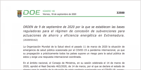 Extremadura publica las bases de las ayudas a renovables y eficiencia energética