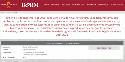 Bases reguladoras de las ayudas para el uso de la biomasa en la Región de Murcia