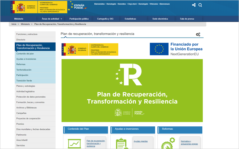 El Miteco crea un nuevo apartado en su web con toda la información relativa al Plan de Recuperación
