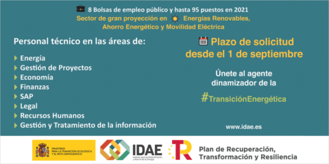 El IDAE abre el plazo de ocho bolsas de empleo público para el reto de la transición energética
