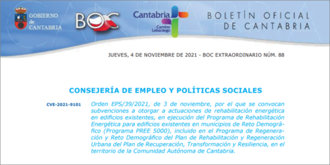 Convocatoria del programa PREE 5000 en Cantabria para la rehabilitación energética de edificios