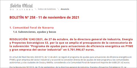 Ampliación de las ayudas para actuaciones de eficiencia energética en empresas industriales de Navarra