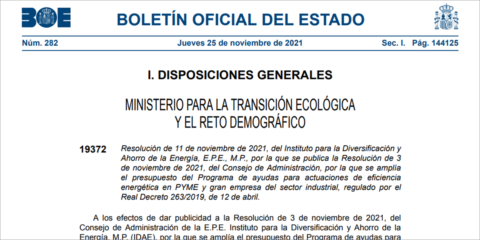 Cuarta ampliación del presupuesto para ayudas a la eficiencia energética en el sector industrial
