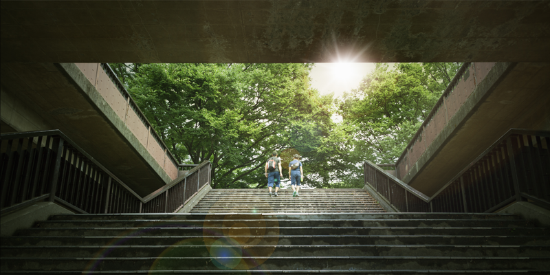 Dos jóvenes suben unas escaleras infinitas que desemboca en una zona verde