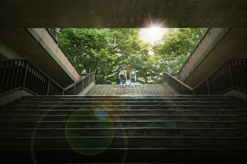 Dos personas subiendo unas escaleras infinitas que les lleva a un parque o un lugar sostenible y con zonas verdes