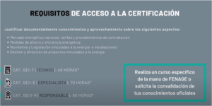 Diapositiva con los requisitos del curso de Gestor Energético.