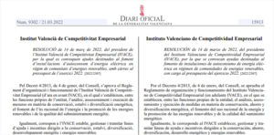 Página del DOGV en la que se publica la convocatoria de ayudas para instalaciones de autoconsumo en comunidades energéticas de la Comunidad Valenciana.