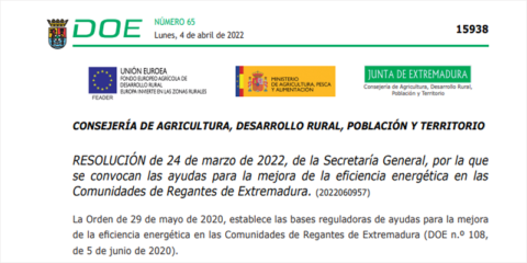Ayudas para mejorar la eficiencia energética en las Comunidades de Regantes de Extremadura