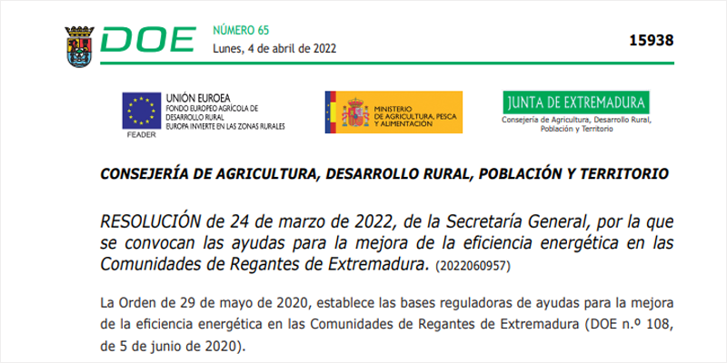 Extracto del DOE donde se comunica la publicación de las ayudas para la mejora de la eficiencia energética en las Comunidades de Regantes de Extremadura.