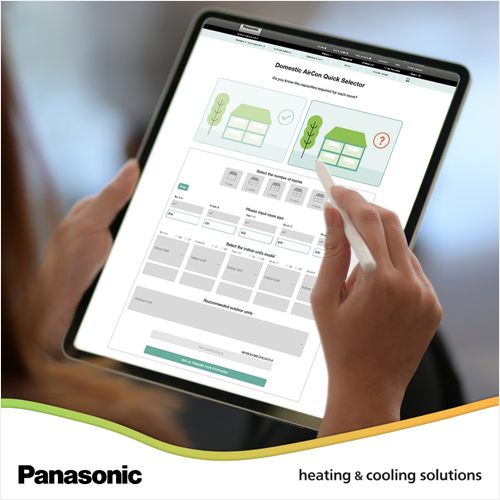 Herramienta Domestic AirCon Quick Selector de Panasonic abierta en una tablet y una mano navegando en la web.