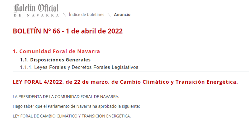 Publicación en el BON de la Ley Foral de Cambio Climático y Transición Energética.