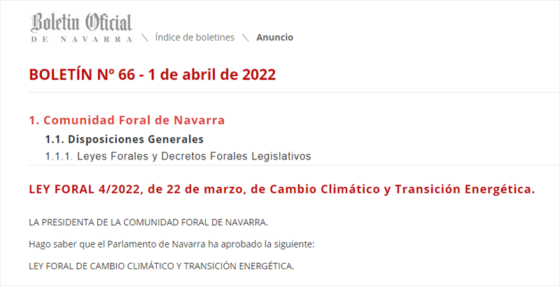 Publicación en el BON de la Ley Foral de Cambio Climático y Transición Energética. 