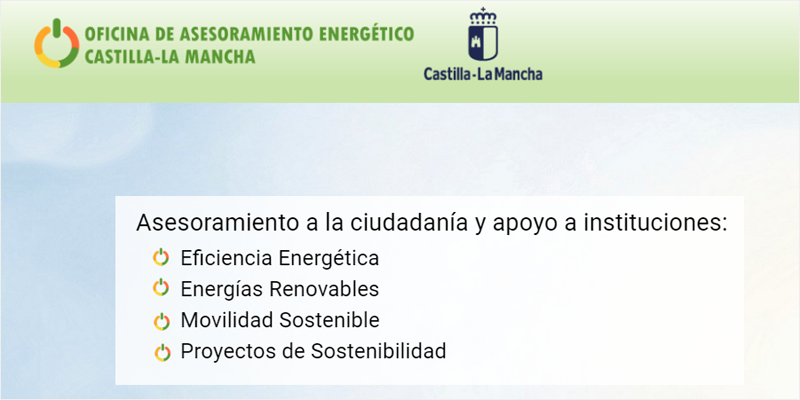 Cartel con los servicios que ofrece la oficina de asesoramiento energético de Castilla-La Mancha.
