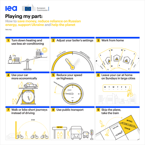 Infografía de la CE y la IEA sobre cómo lograr el ahorro energético con nueve medidas.