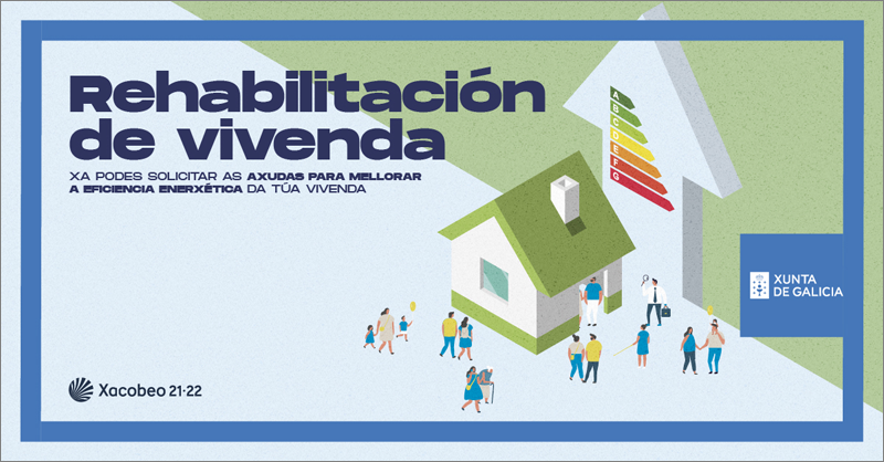 Cartel publicitario de las ayudas de Galicia para la rehabilitación energética de edificios y mejora de la eficiencia energética.