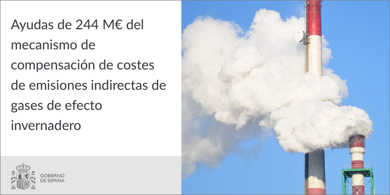 Imagen de una fábrica echando humo y en el lateral izquierdo la frase: Ayudas de 244M€ del mecanismo de compensación de costes de emisiones indirectas de gases de efecto invernadero.