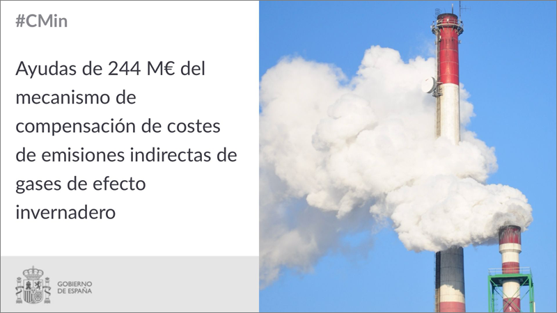 Imagen de una fábrica echando humo y en el lateral izquierdo la frase: Ayudas de 244M€ del mecanismo de compensación de costes de emisiones indirectas de gases de efecto invernadero.