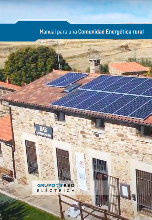 Portada del manual para una comunidad energética rural de Grupo Red Eléctrica. Aparece un bar y en su tejado, placas solares.