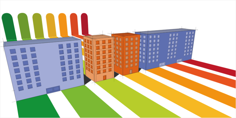 Dibujo de cuatro edificios de varias alturas y debajo rayas de colores que delimitan una calificación energética diferente.