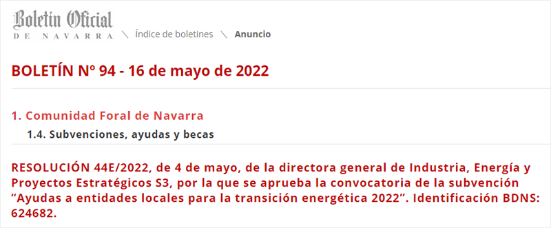 Extracto del BON con la convocatoria de ayudas para la transición energética de entidades locales.