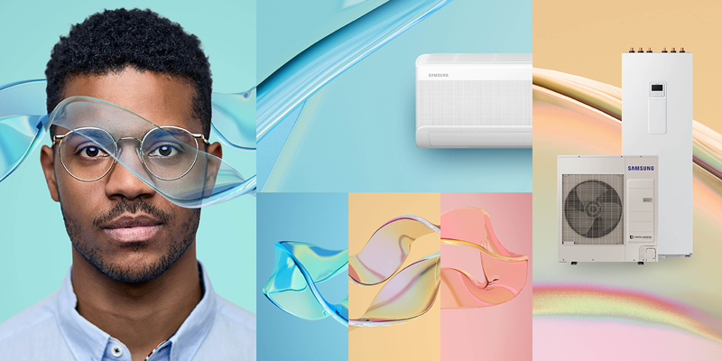 A la izquierda primer plano de un chico joven con gafas y a la derecha tres productos de climatización diferentes de Samsung.