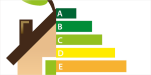 Dibujo de una casa y en el otro lado rayas de eficiencia energética de la A a la G.