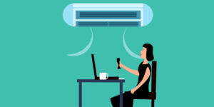 Dibujo mujer sentada en una silla detrás de una mesa y encendiendo el aire acondicionado.