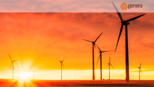 Fondo en naranja y un parque eólico de molinos de viento.