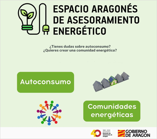 Infografía con casas, bombilla y hojas y con los textos: autoconsumo, comunidades energéticas, Espacio Aragonés de Asesoramiento Energético.