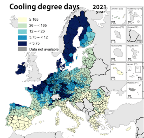 Mapa con los países y el grado de enfriamiento según la estadística de Eurostat.