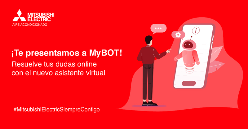 Infografía de presentación de MyBOT con un hombre y un teléfono móvil.