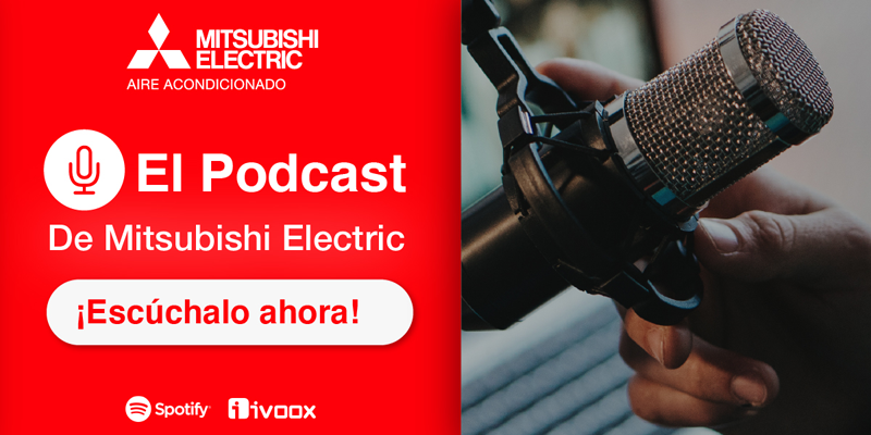 Mitsubishi Electric estrena canal podcast cartel publicitario con un micrófono de radio y una mano sujetándolo.