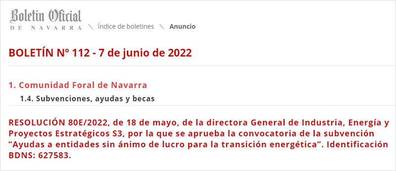 Extracto del Boletín Oficial de Navarra en el que se publican las ayudas de transición energética a entidades sin ánimo de lucro.
