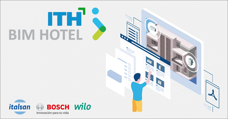 Infografía de un hombre en una pantalla haciendo ajustes y en letras las empresas que participan en la plataforma: Bosch, Wilo, ITH e Italsan.