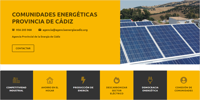 Cartel con la información de las comunidades energéticas en Cádiz y una foto de placas solares.