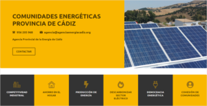 Cartel con la información de las comunidades energéticas en Cádiz y una foto de placas solares.