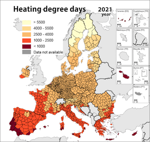 Mapa grados día calefacción extraído del informe de Eurostat.