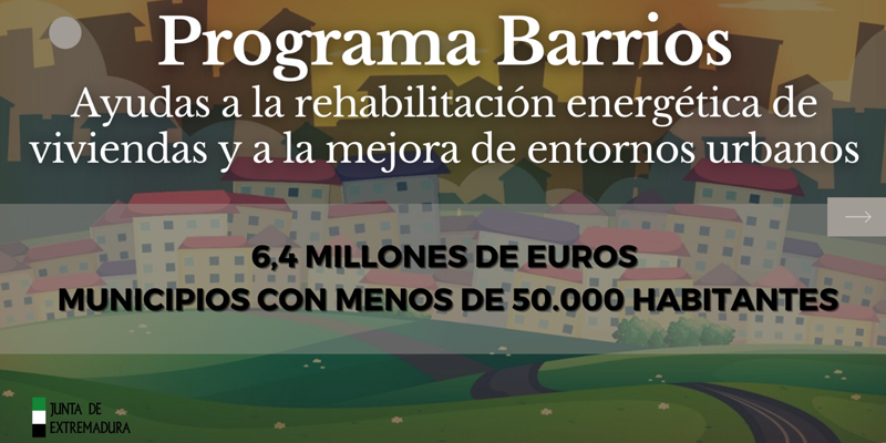 Dibujo de bloques de viviendas en un segundo plano y en un primer plano el texto Programa Barrios, ayudas a la rehabilitación energética.