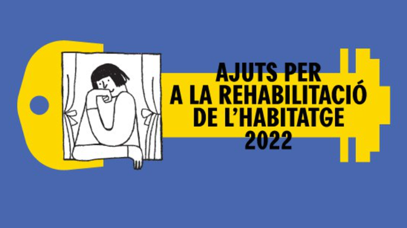 Dibujo de una mujer asomada a una ventana y en el texto pone ayudas para la rehabilitación de viviendas 2022.