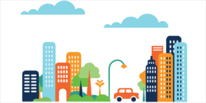 Infografía edificios altos, coche, zonas verdes.