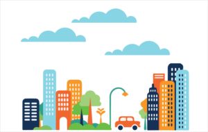 Infografía edificios altos, coche, zonas verdes.