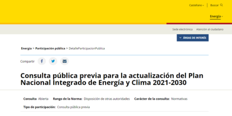 Se abre la consulta pública previa a la actualización del Plan Nacional Integrado de Energía y Clima
