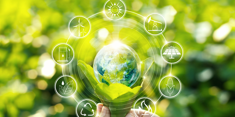 Sobre fondo verde, una mano sujeta una bombilla con forma del planeta tierra y alrededor hay símbolos de diferentes fuentes renovables y energéticas.