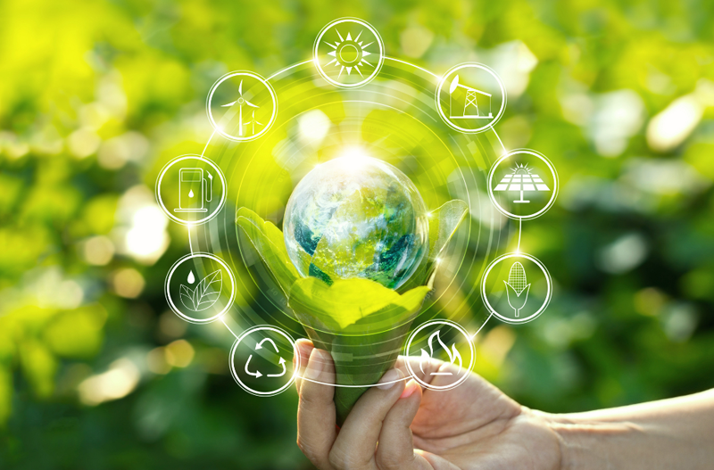Sobre fondo verde, una mano sujeta una bombilla con forma del planeta tierra y alrededor hay símbolos de diferentes fuentes renovables y energéticas.