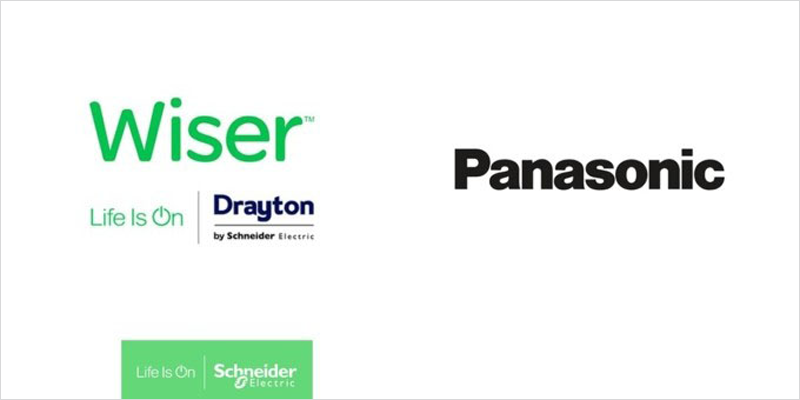 Cartel sobre fondo blanco con los nombres de Panasonic, Schneider Electric, Drayton y wiser.