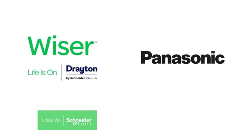 Cartel sobre fondo blanco con los nombres de Panasonic, Schneider Electric, Drayton y wiser.