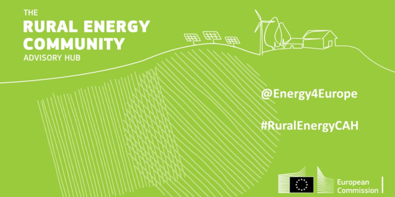 Cartel en fondo verde con la convocatoria de expertos para asistencia técnica en comunidades energéticas de la UE.