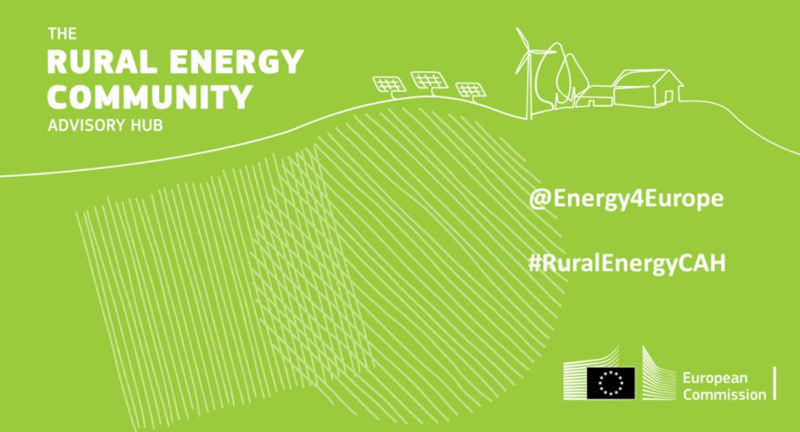 Cartel en fondo verde con la convocatoria de expertos para asistencia técnica en comunidades energéticas de la UE.