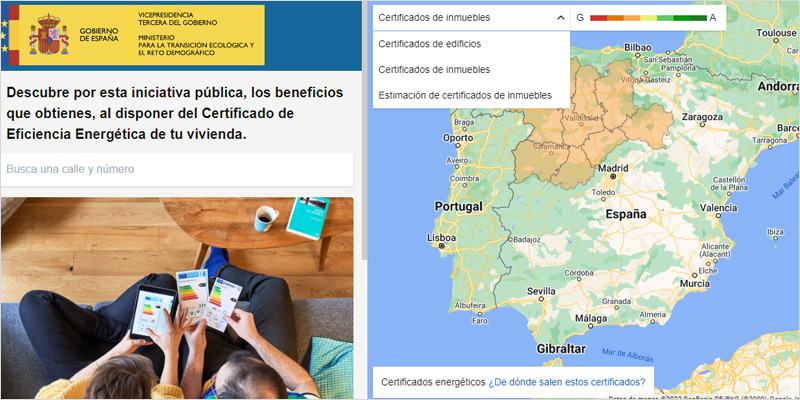 vista aérea dos personas con gráficas de certificación energética y un mapa de España de cómo funciona el geoportal.