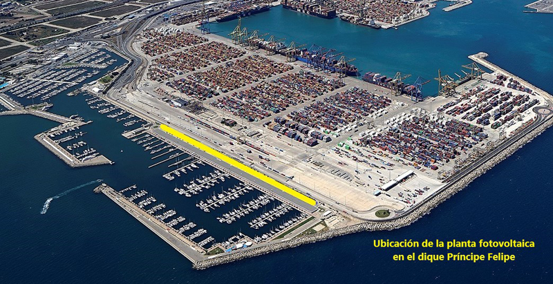 Plano del Puerto de Valencia marcada en amarillo la ubicación de la planta fotovoltaica en el dique Príncipe Felipe.